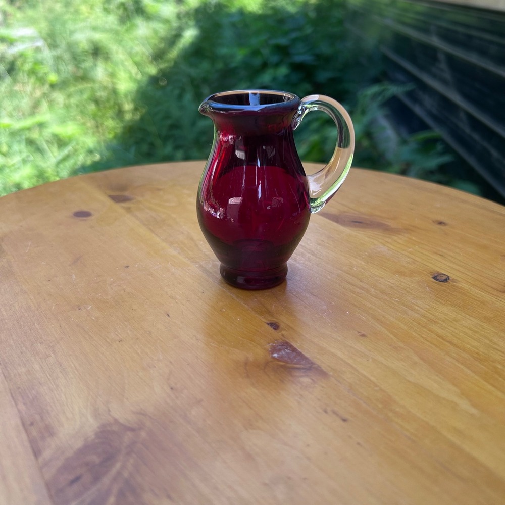 Vintage Cranberry Glass Miniature Pitcher Small Ruby Red Hand Blown Tiny Creamer